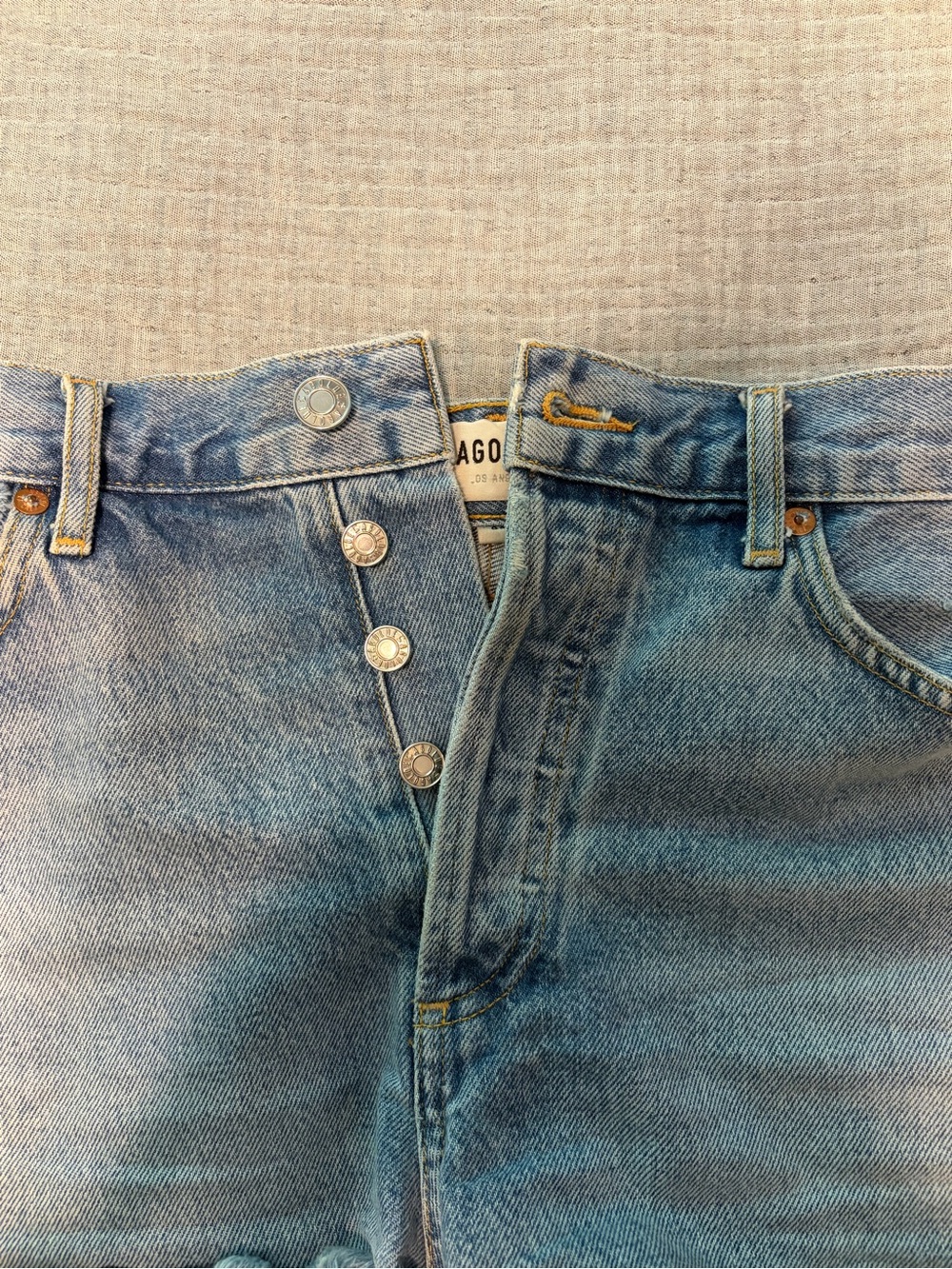 Agolde Washed Light Blue Distressed High-Rise Denim Shorts - Picture 3 of 4
